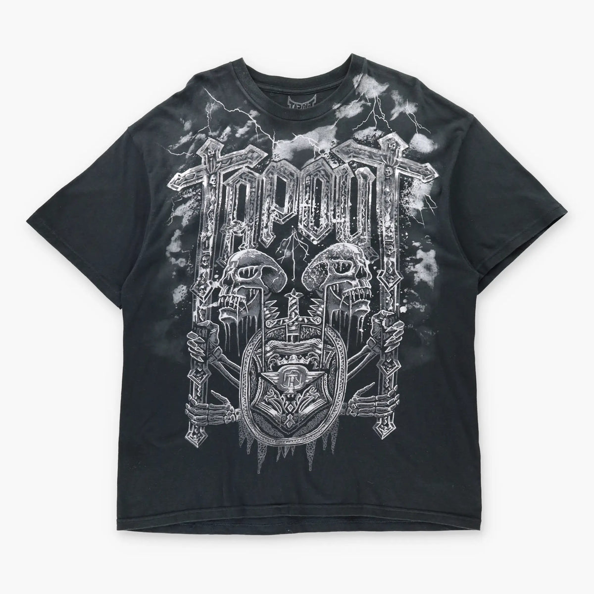 Vintage TAPOUT Silver Foil Detail Crosses & Skulls Y2K Black T-Shirt (XXL)