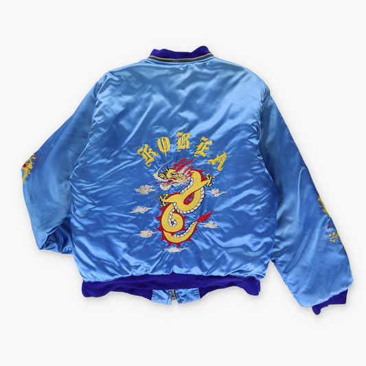 Vintage KOREA Embroidered Dragon Satin Military Souvenir Bomber Jacket (M-L)