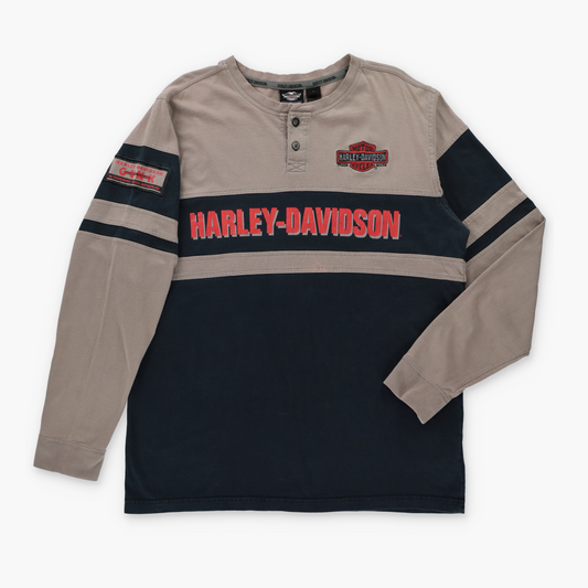 HARLEY DAVIDSON "Pre-Lux Motorcycle Oil' Taupe & Black Double Sided Long Sleeve T-Shirt (L)