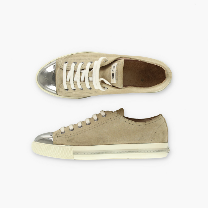 MIU MIU Metal Toe Cap Blush Suede Leather Sneakers (39)