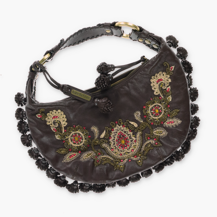 ISABELLA FIORE 'India Dora' Embroidered Tasselled Brown Leather Bag