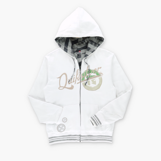 QUIKSILVER White & Green Embroidered Spell Out Full Zip Hoodie Sweatshirt (S-M)