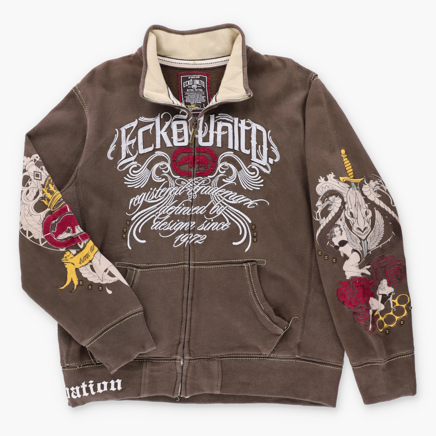 ECKO UNLTD Embroidered "Raw And Uncut" Brown Full Zip Sweatshirt (L) Vintage Sole Melbourne