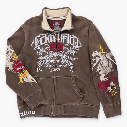 ECKO UNLTD Embroidered "Raw And Uncut" Brown Full Zip Sweatshirt (L) Vintage Sole Melbourne