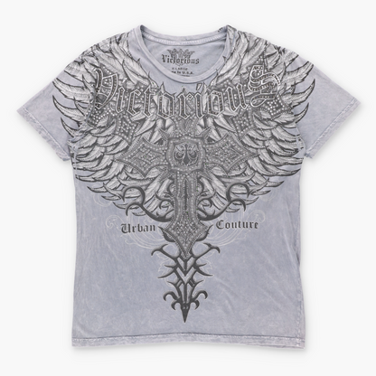 Vintage VICTORIOUS 'Urban Couture' Embellished Y2K Foil Detail Cross & Wings Tee USA Made (L) Vintage Sole Melbourne