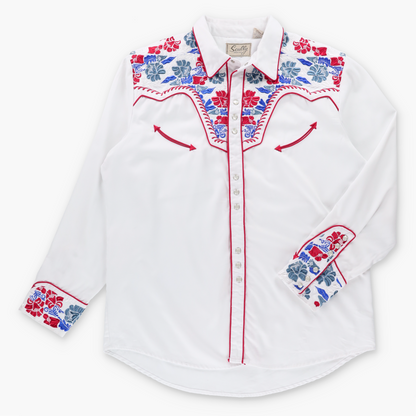 Vintage SCULLY White & Multicolour Floral Embroidered Pearl Snap Western Shirt (XL) ***COCO Vintage Sole Melbourne