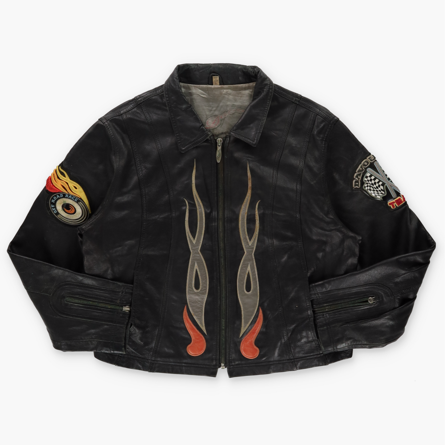 DAVOUCCI Cropped 'Off Road Race' Embroidered Flame Black Leather Motorcycle Jacket (S)