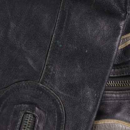 DAVOUCCI Cropped 'Off Road Race' Embroidered Flame Black Leather Motorcycle Jacket (S)