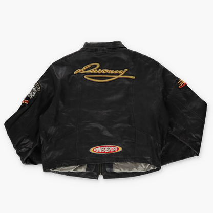 DAVOUCCI Cropped 'Off Road Race' Embroidered Flame Black Leather Motorcycle Jacket (S)