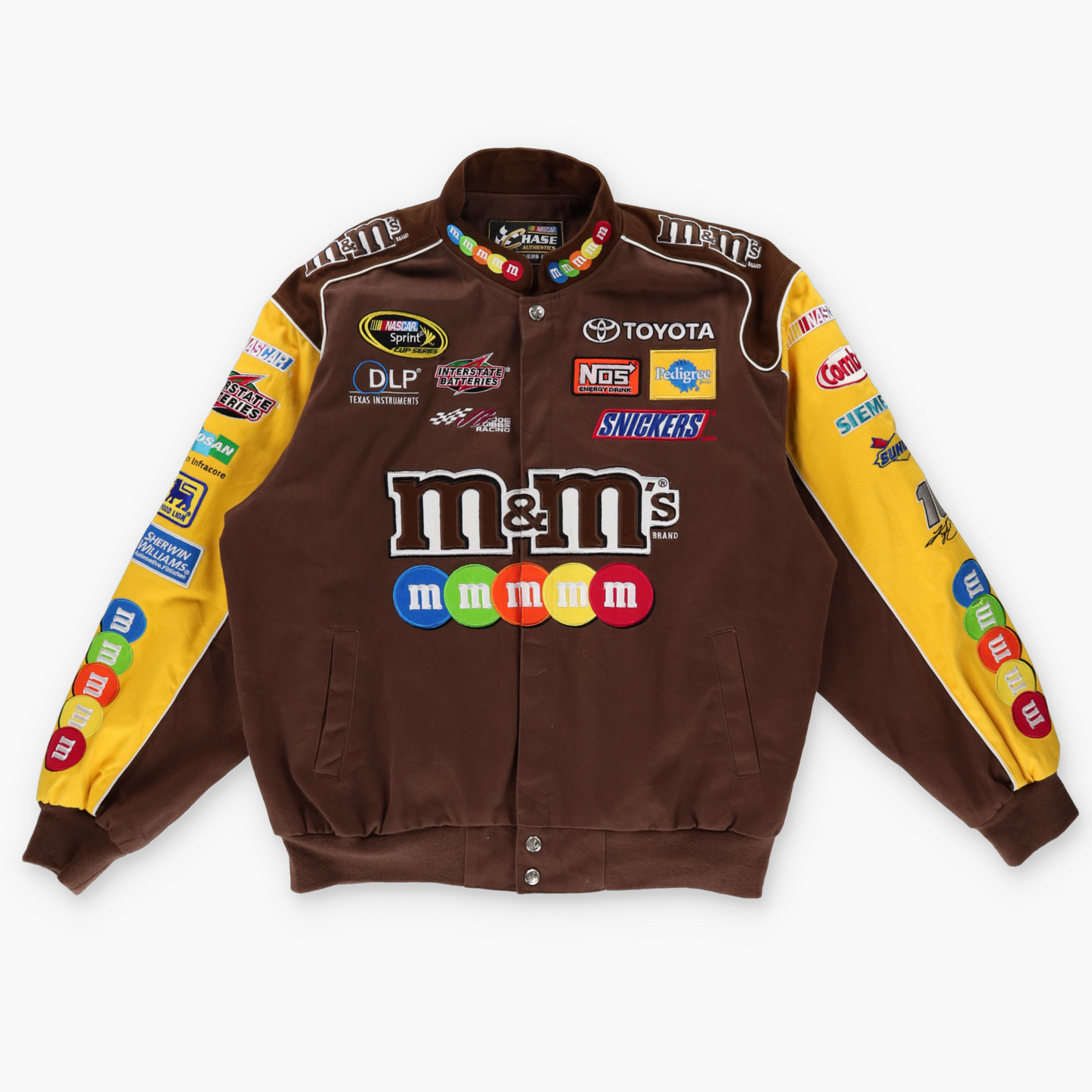 KYLE BUSCH M&M's NASCAR Embroidered Patch Brown & Yellow Racing Jacket (XL)