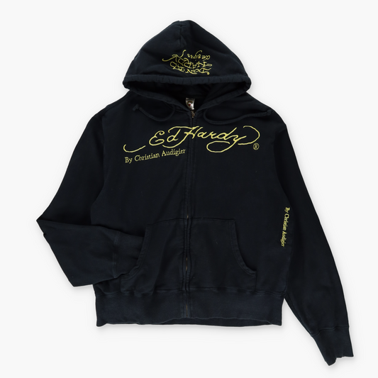 ED HARDY X CHRISTIAN AUDIGIER Y2K Embroidered Spell Out Logo Zip Up Hoodie Sweatshirt (XXL)