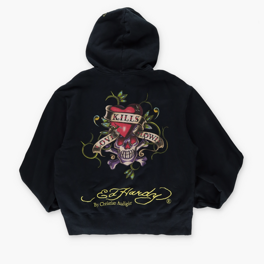 ED HARDY X CHRISTIAN AUDIGIER Y2K Embroidered Spell Out Logo Zip Up Hoodie Sweatshirt (XXL)