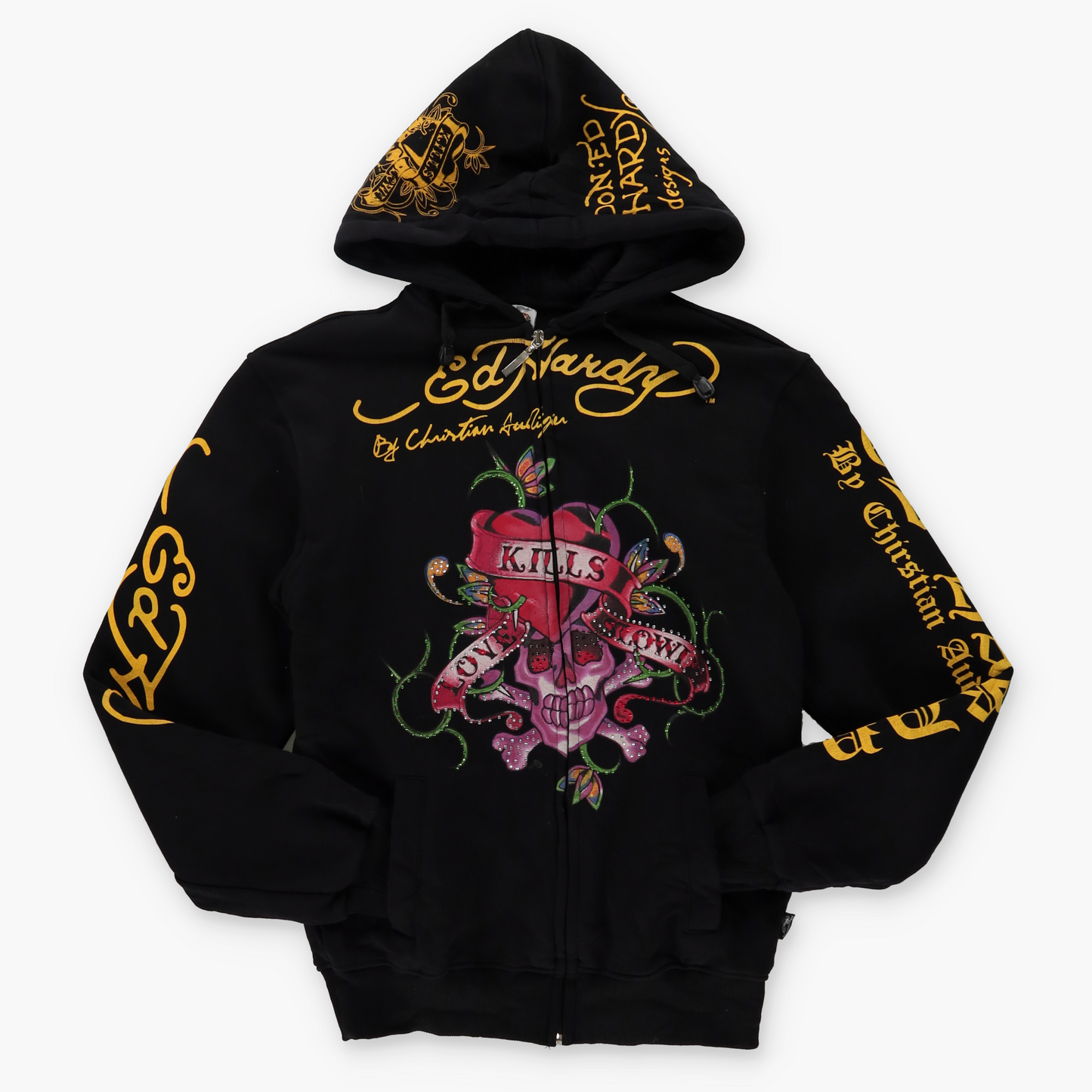 ED HARDY X CHRISTIAN AUDIGIER Y2K Embellished Grunge Heart Zip Up Hoodie Sweatshirt (M)