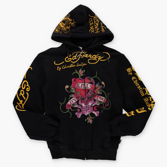 ED HARDY X CHRISTIAN AUDIGIER Y2K Embellished Grunge Heart Zip Up Hoodie Sweatshirt (M)