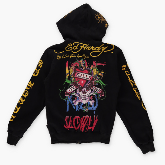 ED HARDY X CHRISTIAN AUDIGIER Y2K Embellished Grunge Heart Zip Up Hoodie Sweatshirt (M)