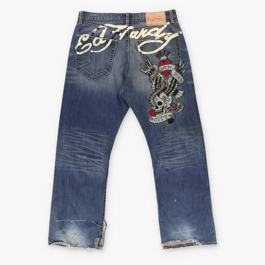 ED HARDY Y2K Embellished Embroidered Heart Paint Spell Out Blue Jeans (36)