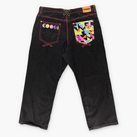 COOGI Y2K Fluro Stitch Embroidered Spell Out Logo Black Jeans (42/35)