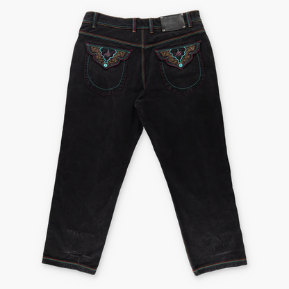 AL WISSAM Floral Embroidered Pockets Colourful Stitching Blue & Black Jeans (40)