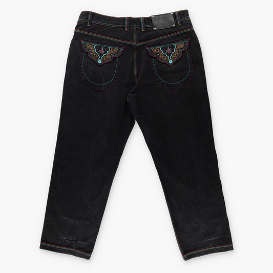 AL WISSAM Floral Embroidered Pockets Colourful Stitching Blue & Black Jeans (40)