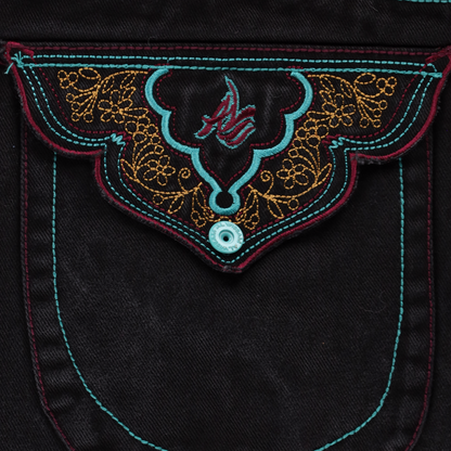 AL WISSAM Floral Embroidered Pockets Colourful Stitching Blue & Black Jeans (40)
