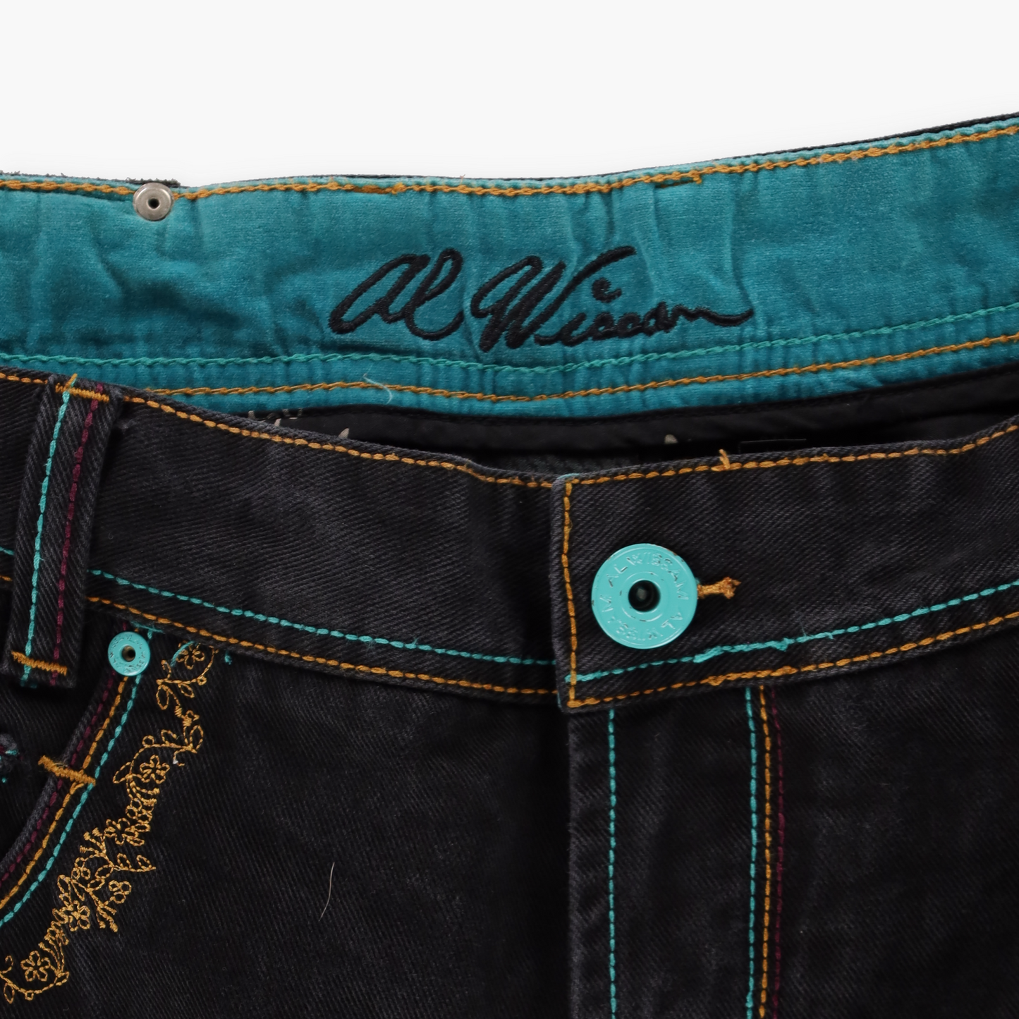 AL WISSAM Floral Embroidered Pockets Colourful Stitching Blue & Black Jeans (40)