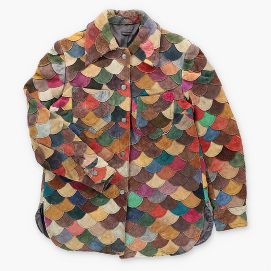 Vintage 70s Suede Leather Multicolour Earth-Tone Scalloped Fish-Scale Patchwork Jacket (M) ***COCO Vintage Sole Melbourne