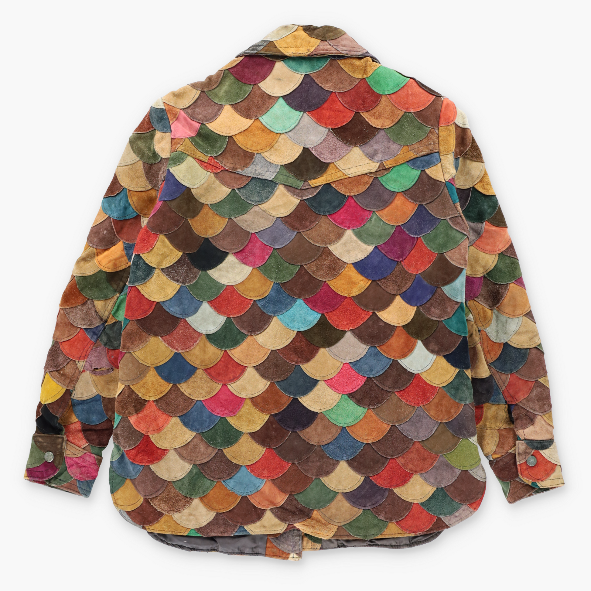 Vintage 70s Suede Leather Multicolour Earth-Tone Scalloped Fish-Scale Patchwork Jacket (M) ***COCO Vintage Sole Melbourne