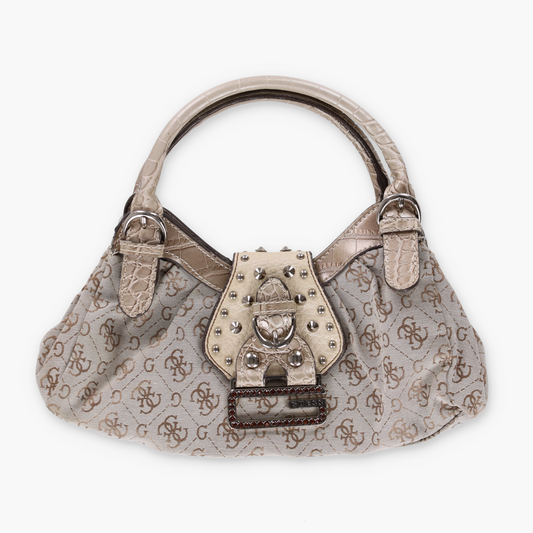 GUESS Vintage Y2K Beige and Silver Studded Diamante 'G' Mini Bag