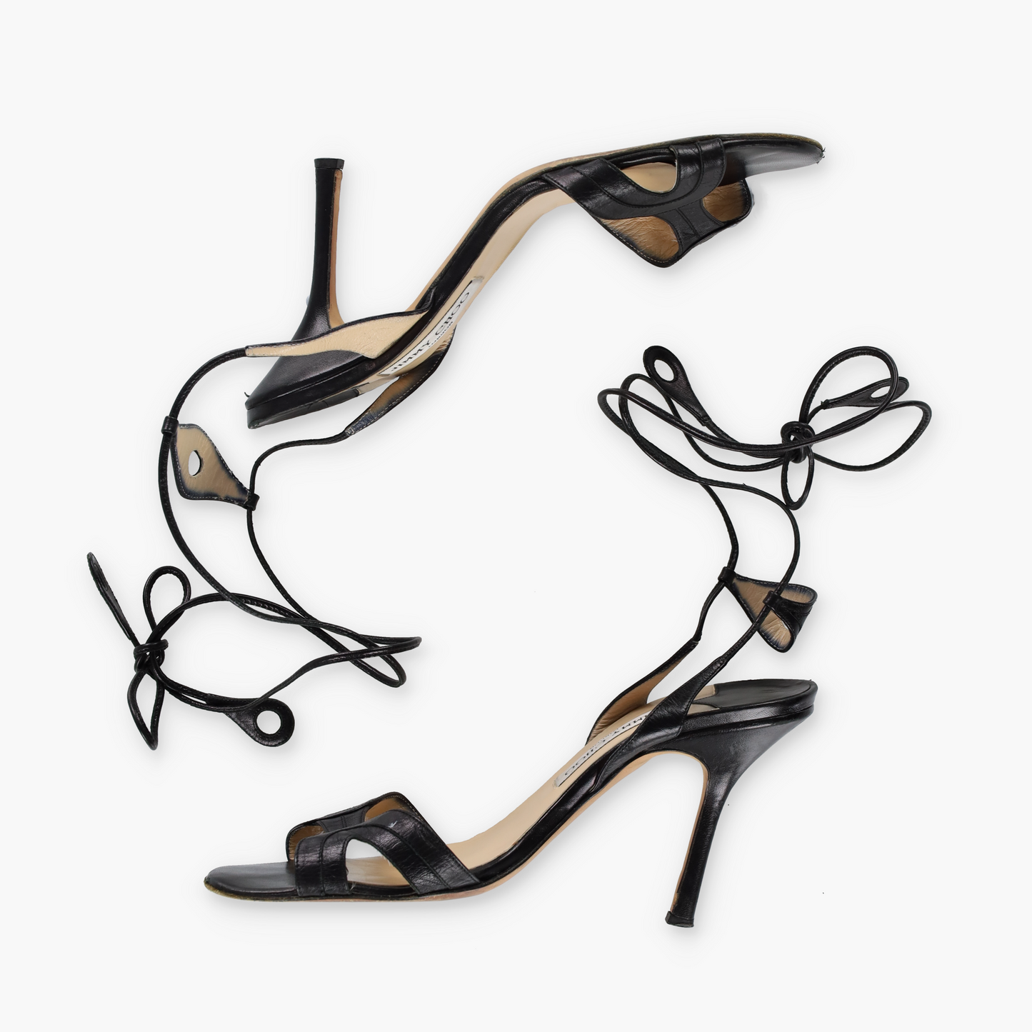 JIMMY CHOO Black Leather Italian Made Tie Strap Sandal Heels (40)
