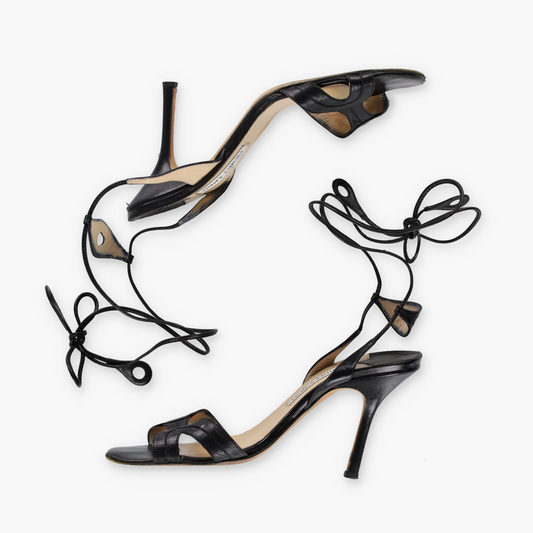 JIMMY CHOO Black Leather Italian Made Tie Strap Sandal Heels (40)