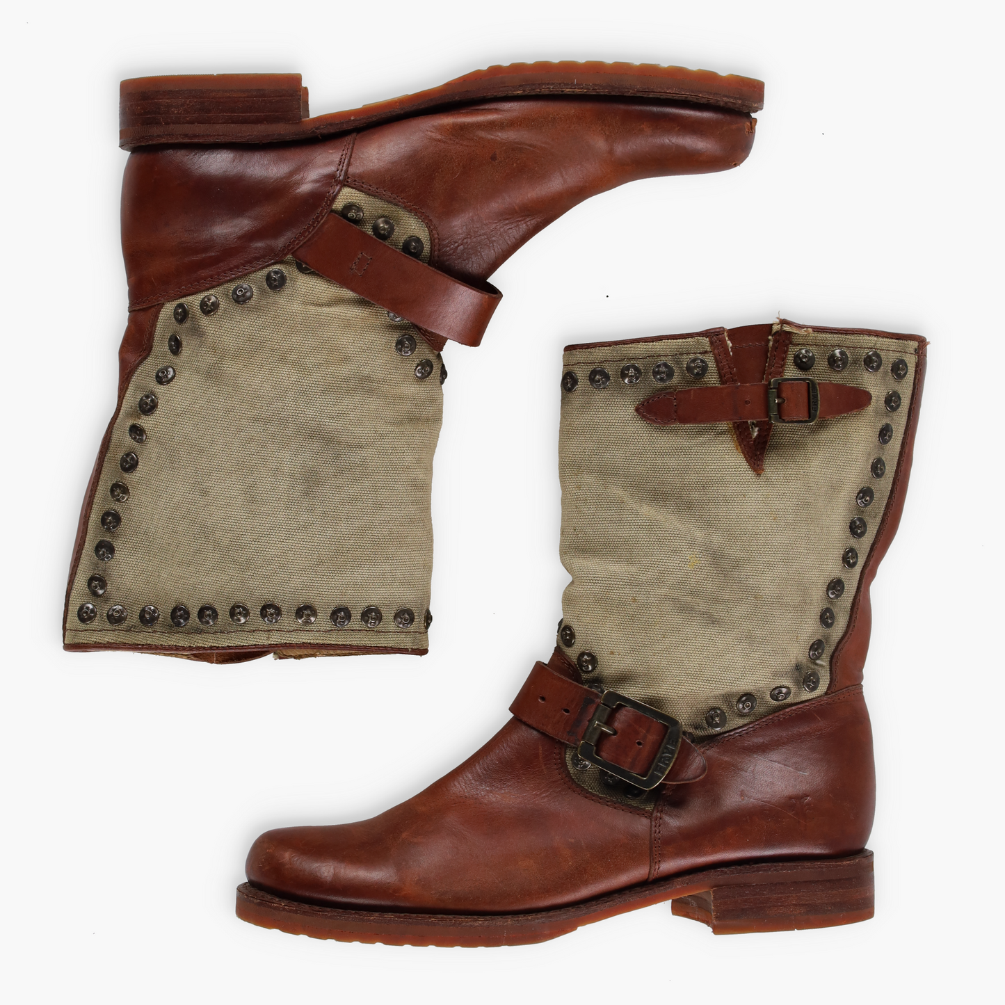 FRYE Brown Leather & Beige Canvas Studded Buckle Boots (8.5)