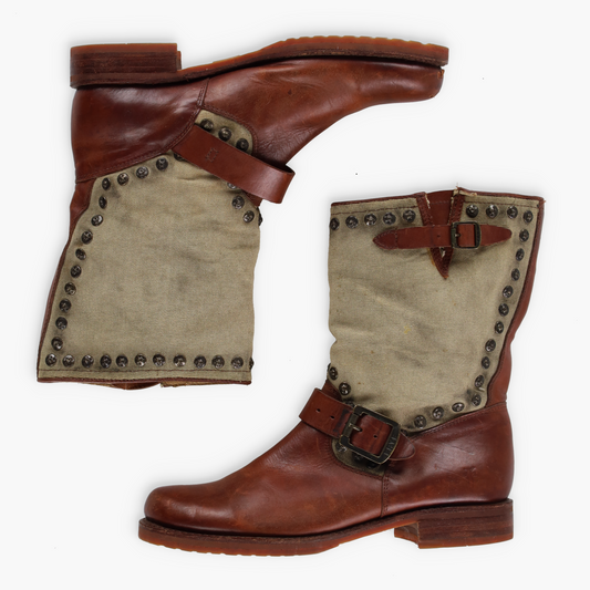 FRYE Brown Leather & Beige Canvas Studded Buckle Boots (8.5)