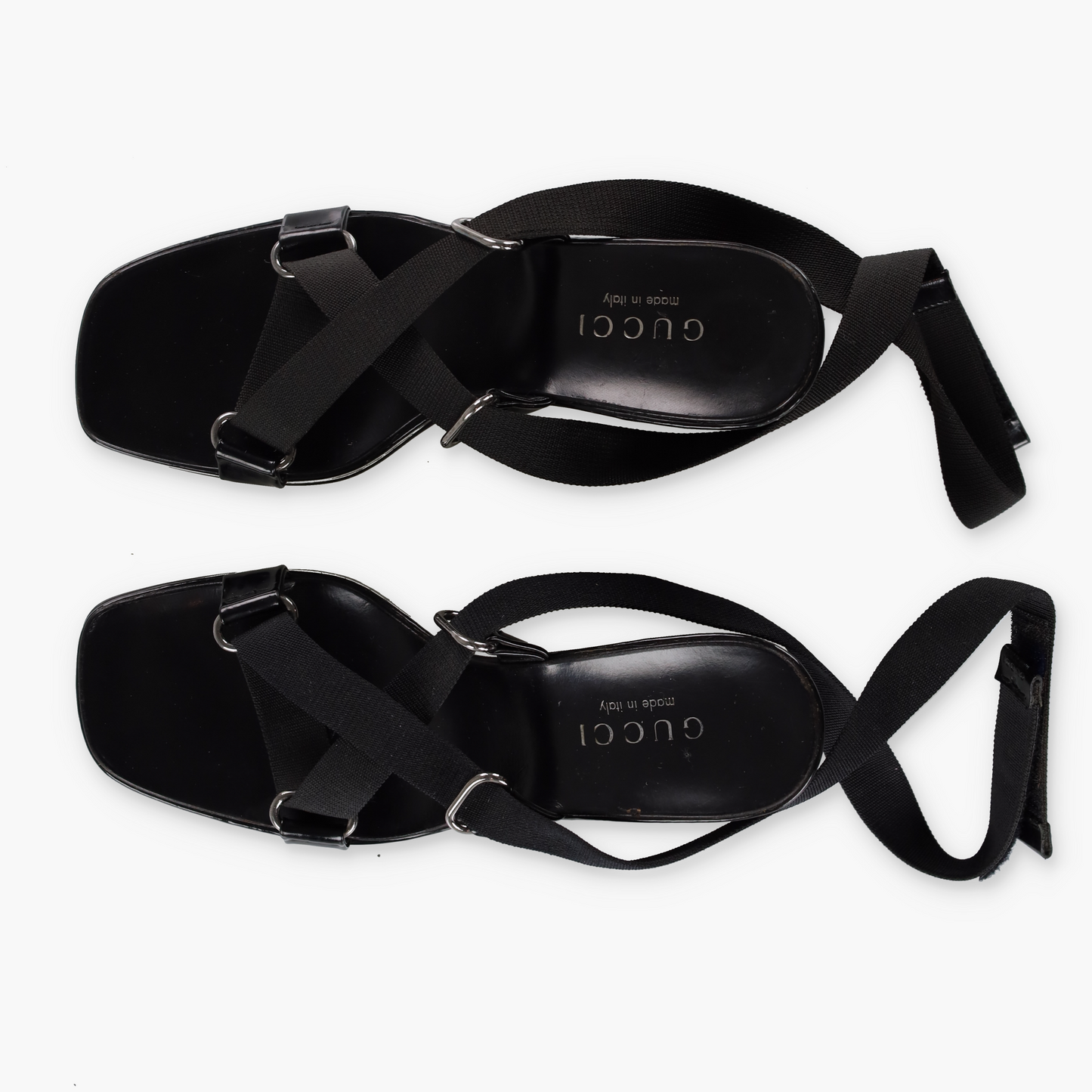 GUCCI Patent Leather Italian Made Black Adjustable Nylon Strap Wedges (8)
