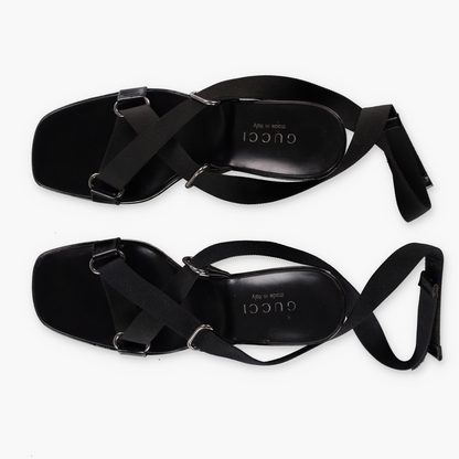 GUCCI Patent Leather Italian Made Black Adjustable Nylon Strap Wedges (8)