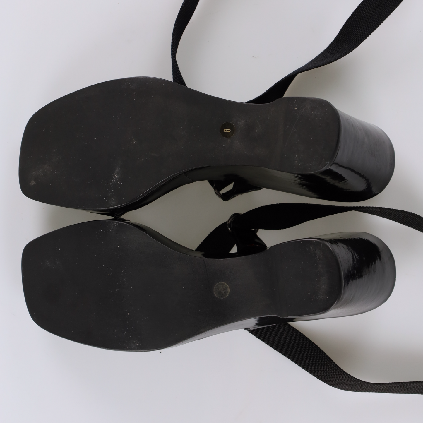GUCCI Patent Leather Italian Made Black Adjustable Nylon Strap Wedges (8)