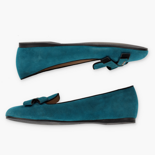 PRADA Teal Suede Bow Detail & Silver Brand Charm Ballet Flats (40)