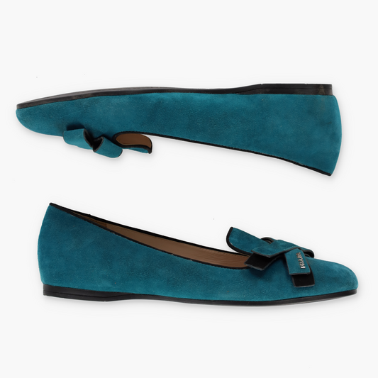PRADA Teal Suede Bow Detail & Silver Brand Charm Ballet Flats (40)