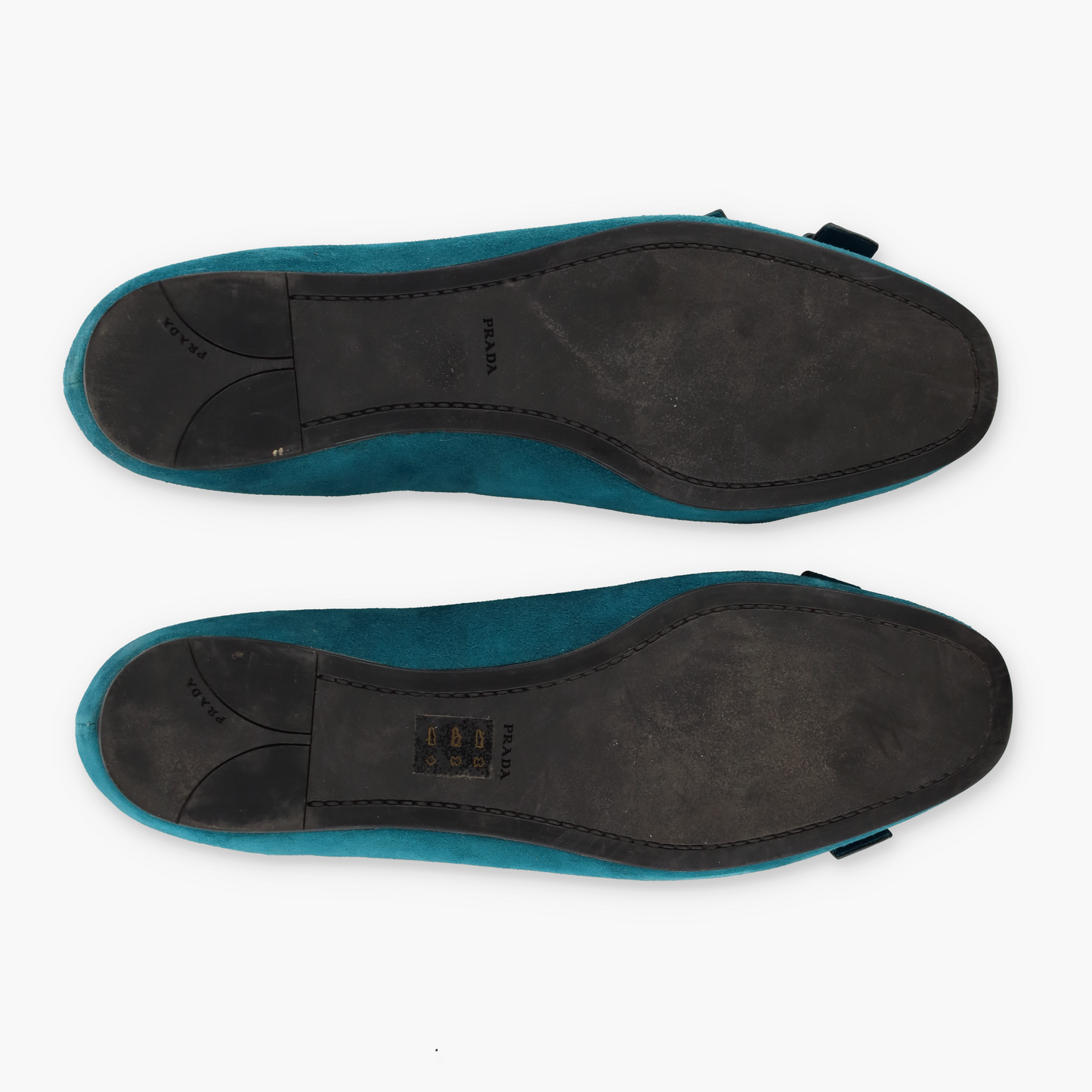PRADA Teal Suede Bow Detail & Silver Brand Charm Ballet Flats (40)
