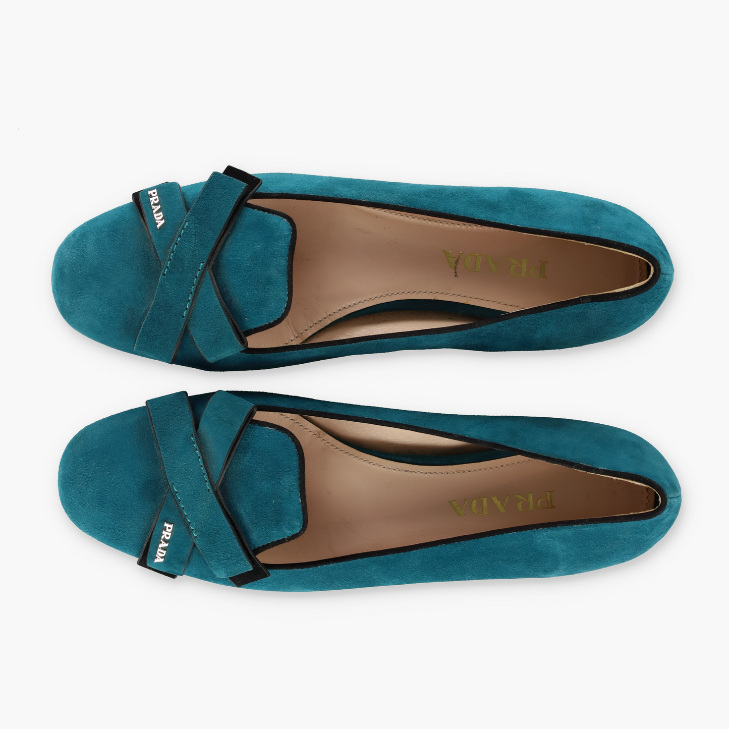 PRADA Teal Suede Bow Detail & Silver Brand Charm Ballet Flats (40)