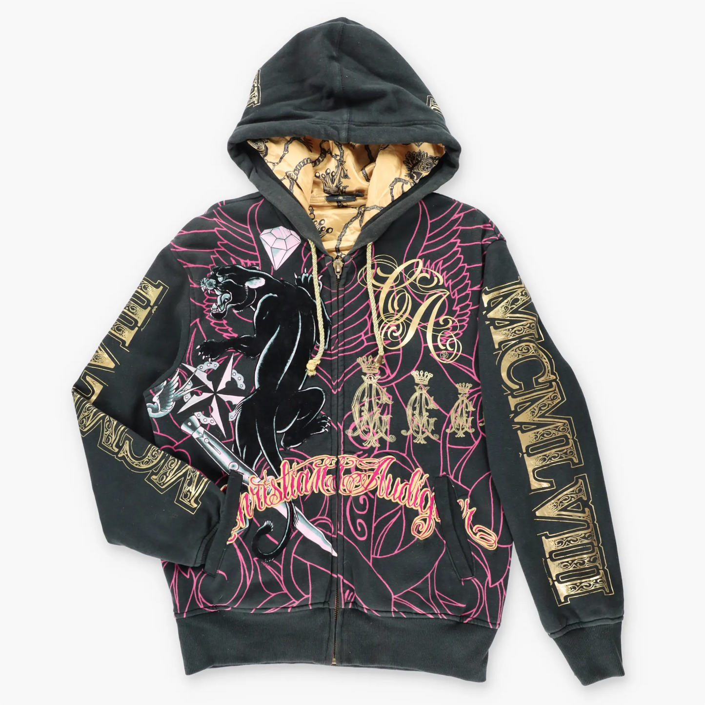 CHRISTIAN AUDIGIER Velvet Panther Embroidered Spell Out Logo Embellished Vintage Hoodie Sweatshirt (M)