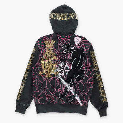CHRISTIAN AUDIGIER Velvet Panther Embroidered Spell Out Logo Embellished Vintage Hoodie Sweatshirt (M)