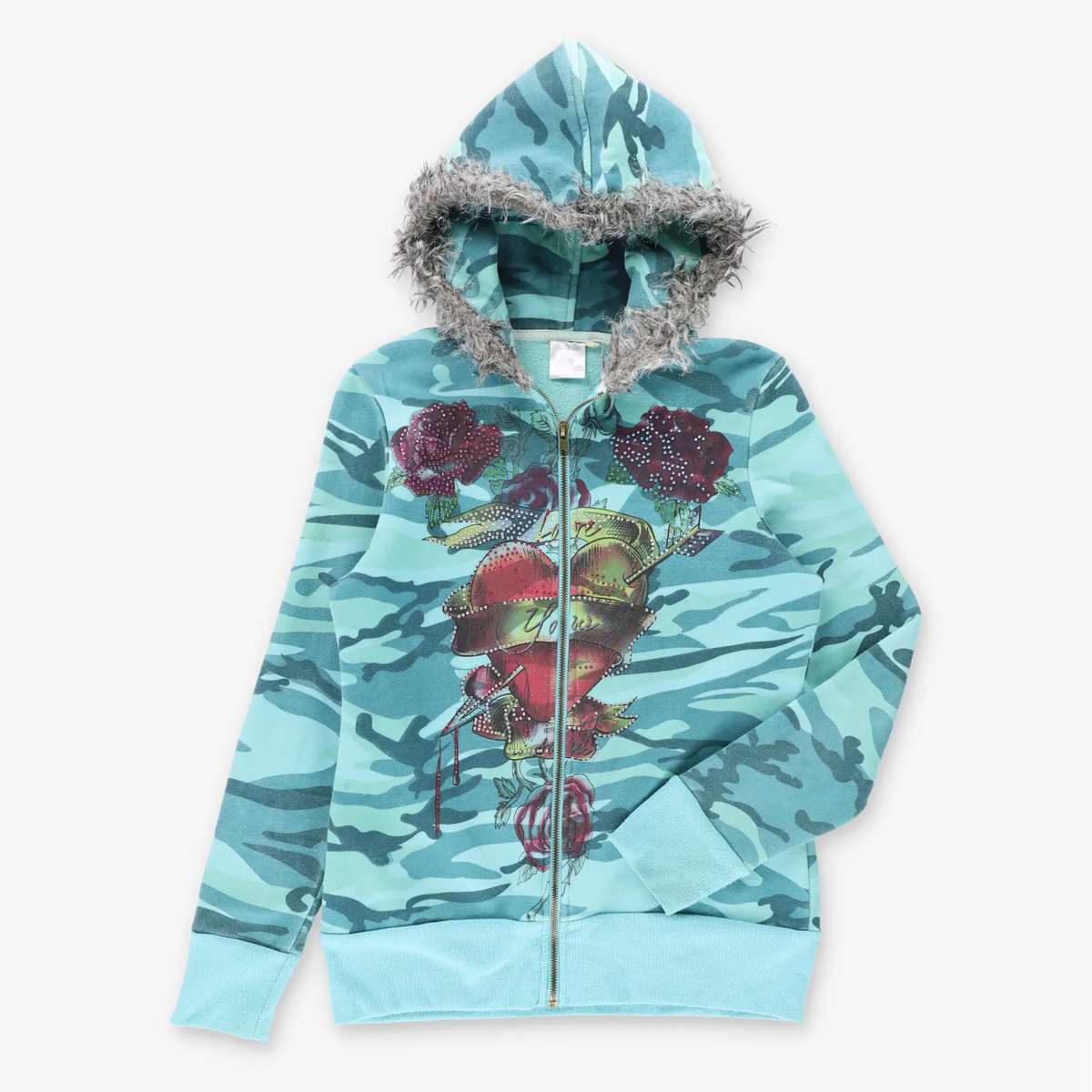 Vintage Blue Camo Embellished Arrow Heart & Roses Faux Fur Trim Hoodie Sweatshirt (S-M)
