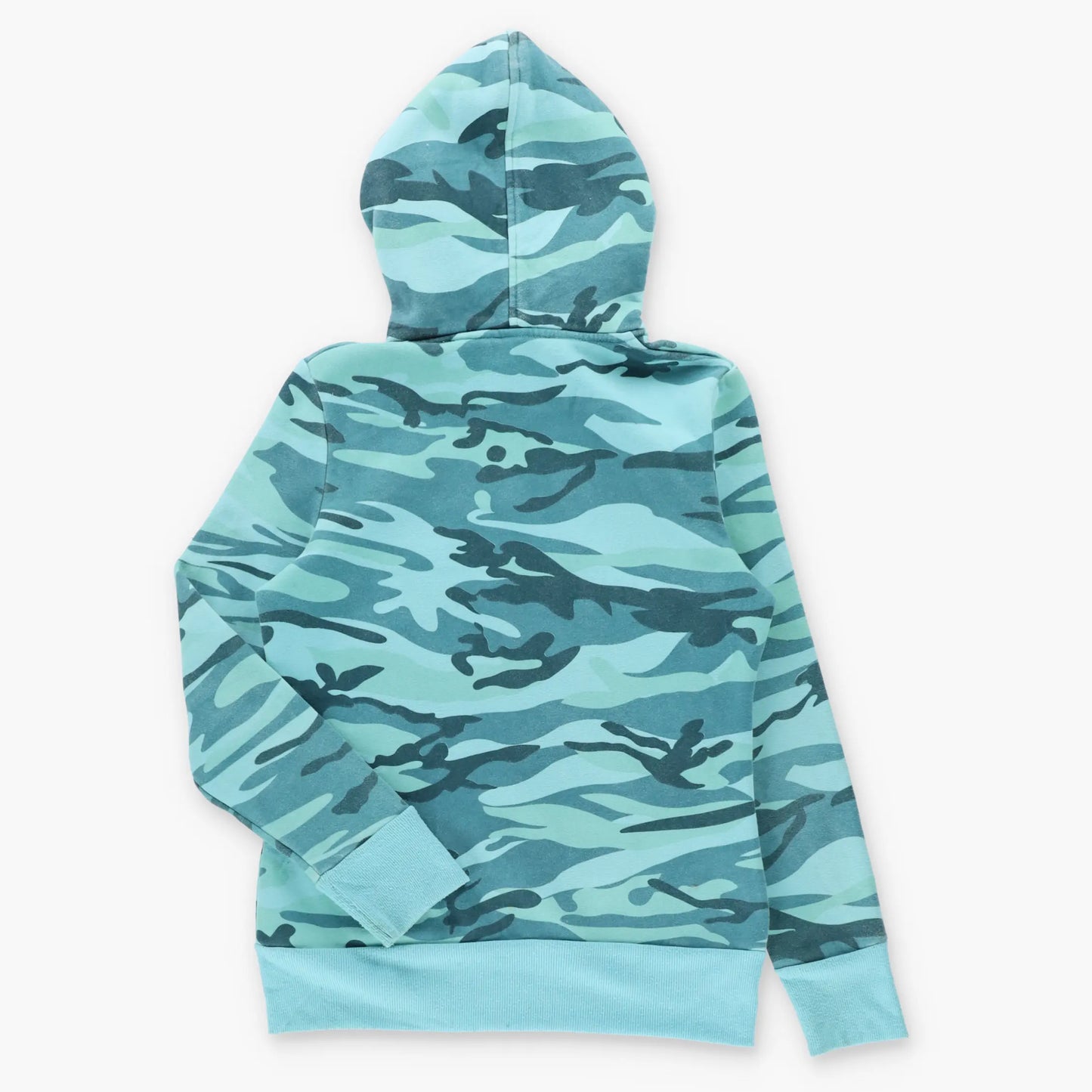 Vintage Blue Camo Embellished Arrow Heart & Roses Faux Fur Trim Hoodie Sweatshirt (S-M)