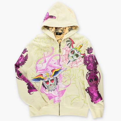 Vintage CHRISTIAN AUDIGIER "Faith" Calavera Sugar Skulls Pink Foil Detail Embellished Y2K Hoodie Sweatshirt (L)
