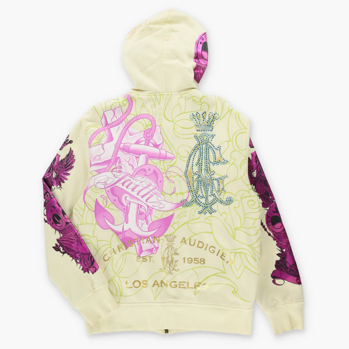 Vintage CHRISTIAN AUDIGIER "Faith" Calavera Sugar Skulls Pink Foil Detail Embellished Y2K Hoodie Sweatshirt (L)