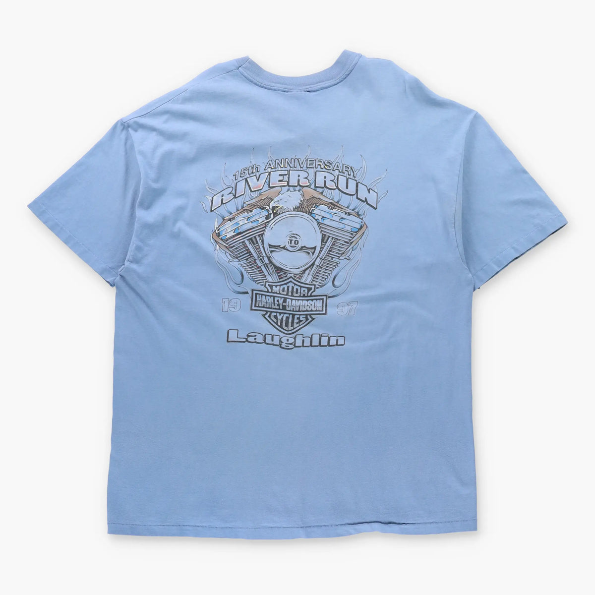 Vintage HARLEY DAVIDSON 1997 15th Anniversary River Run Laughlin Blue Single Stitch T-Shirt USA Made (XXL)
