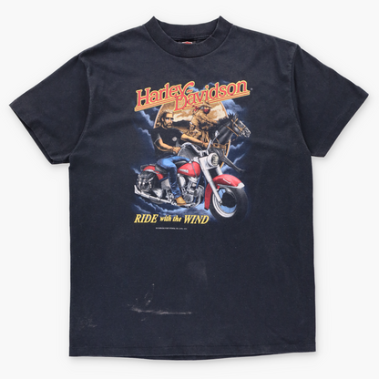 Vintage 90's HARLEY DAVIDSON x 3D EMBLEM "Ride With The Wind" Single Stitch Spring Rally Tee USA Made (L-XL)
