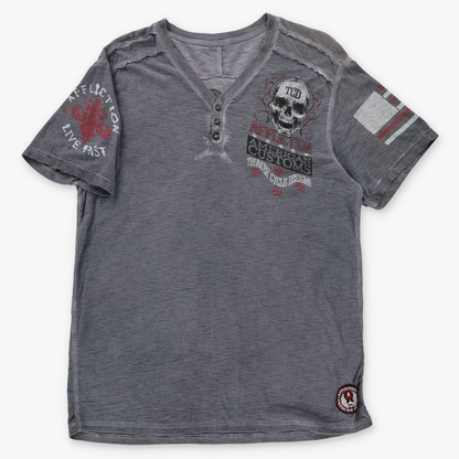 AFFLICTION x EDDIE TROTTA Grey Double Sided 'American Customs' 1/4 Button USA Made T-Shirt (L)