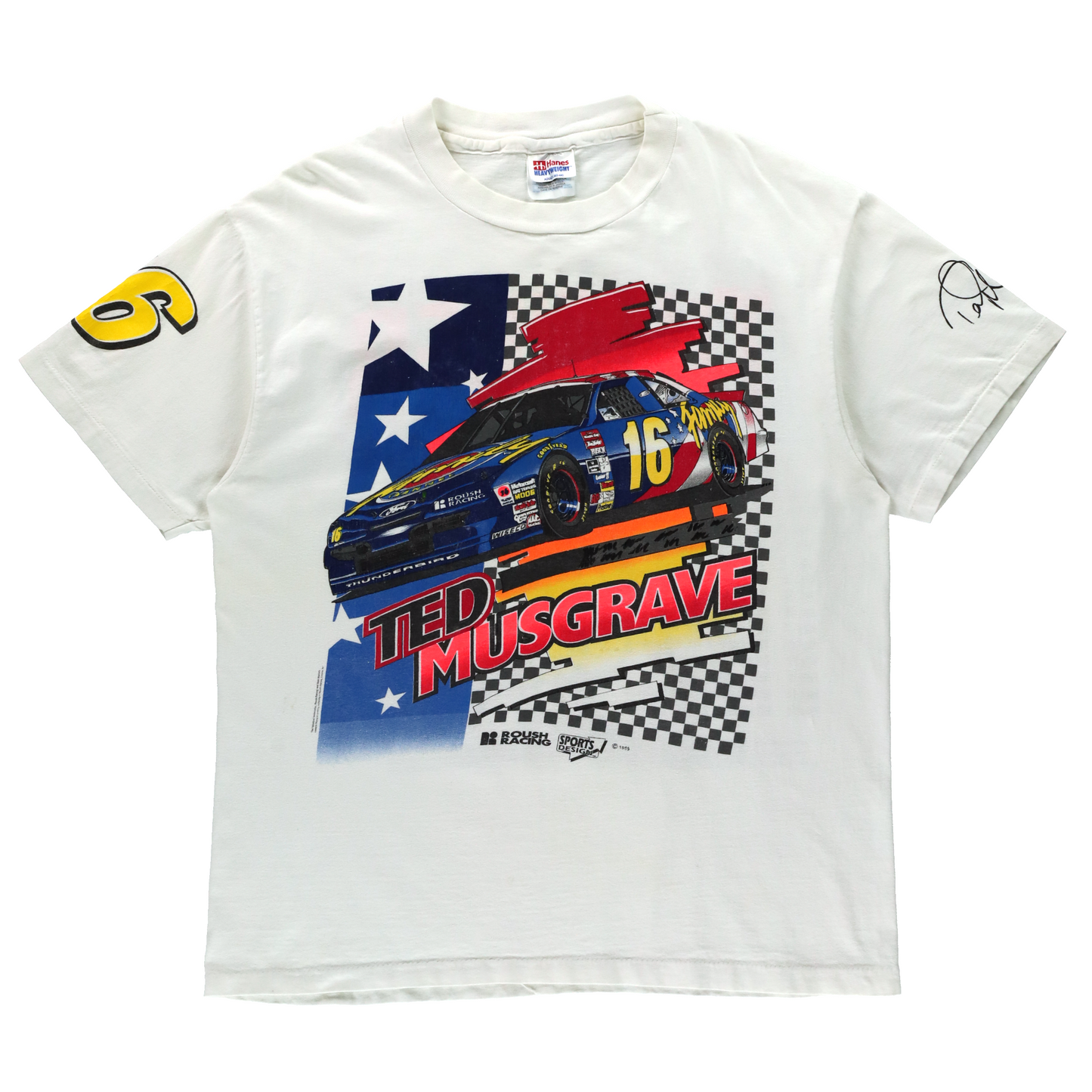 Vintage 1995 Ted Musgrave 'Distant Thunder Tour' NASCAR Double Sided White Single Stitch HANES Tee (L)