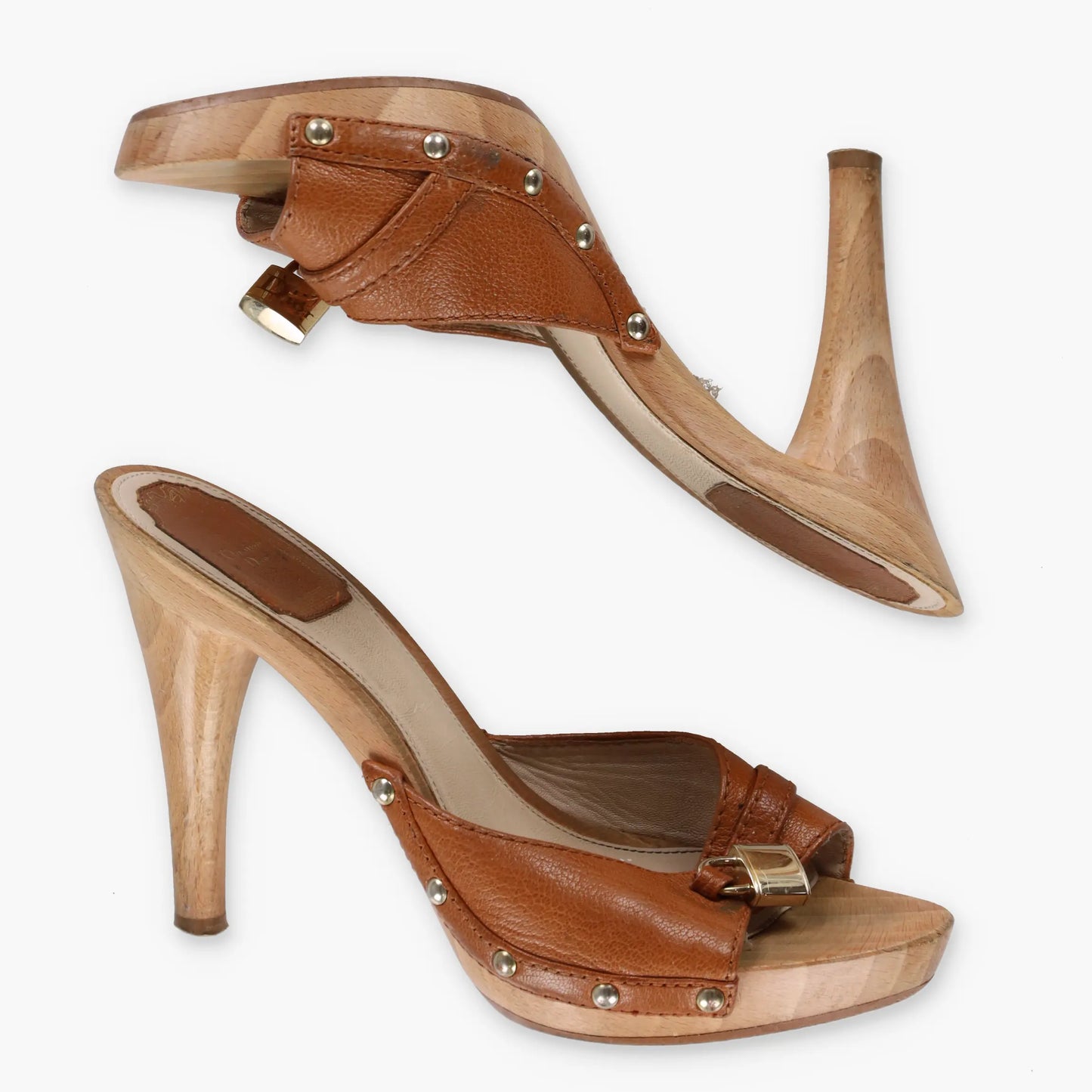 DIOR Gold Locket Studded Wooden Clog Tan Heels (37) - Vintage Sole Melbourne